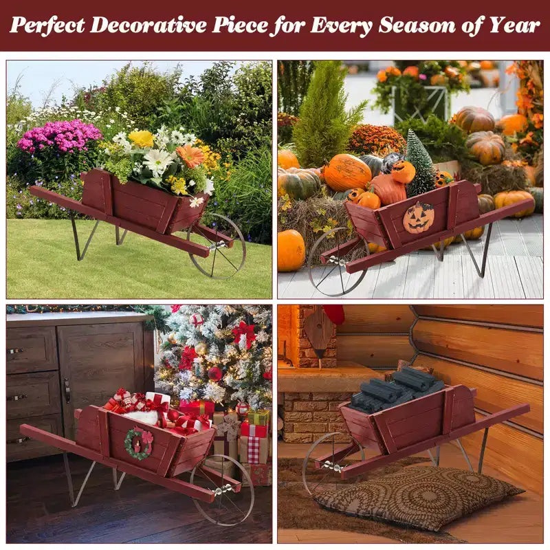 Jardinière chariot en bois Costway, chariot à fleurs rustique décoratif intérieur/extérieur avec roue bleu/beige/rouge