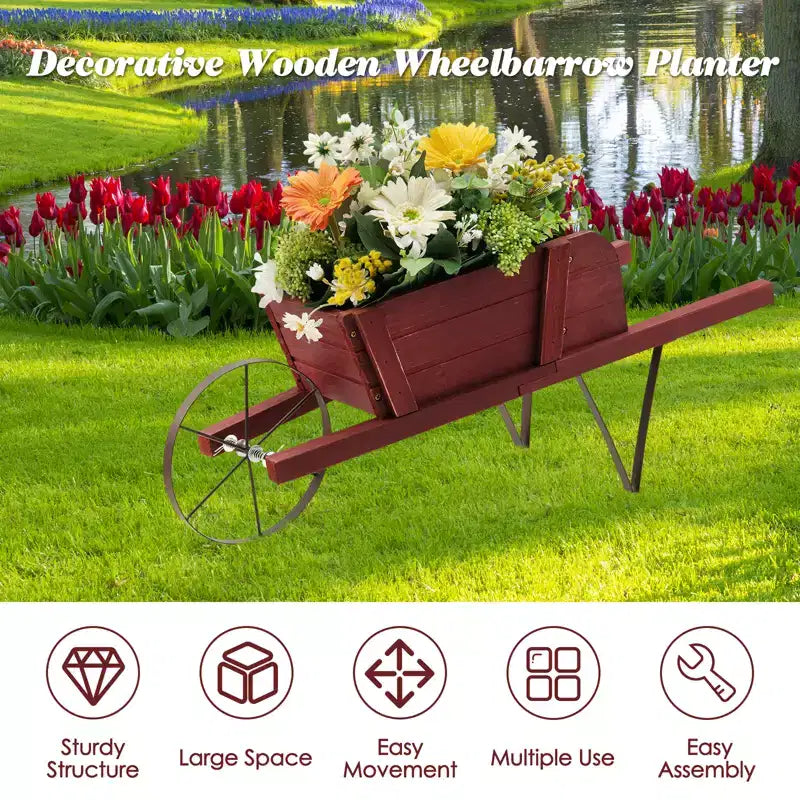 Jardinière chariot en bois Costway, chariot à fleurs rustique décoratif intérieur/extérieur avec roue bleu/beige/rouge
