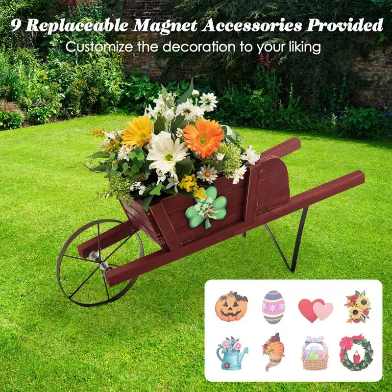 Jardinière chariot en bois Costway, chariot à fleurs rustique décoratif intérieur/extérieur avec roue bleu/beige/rouge