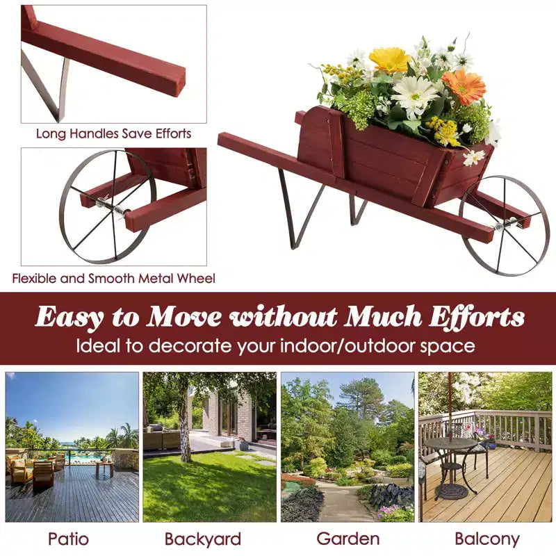 Jardinière chariot en bois Costway, chariot à fleurs rustique décoratif intérieur/extérieur avec roue bleu/beige/rouge