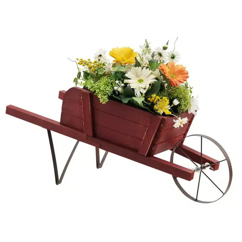 Jardinière chariot en bois Costway, chariot à fleurs rustique décoratif intérieur/extérieur avec roue bleu/beige/rouge