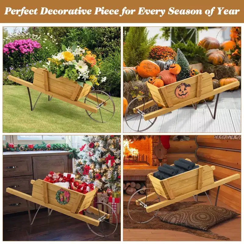 Jardinière chariot en bois Costway, chariot à fleurs rustique décoratif intérieur/extérieur avec roue bleu/beige/rouge