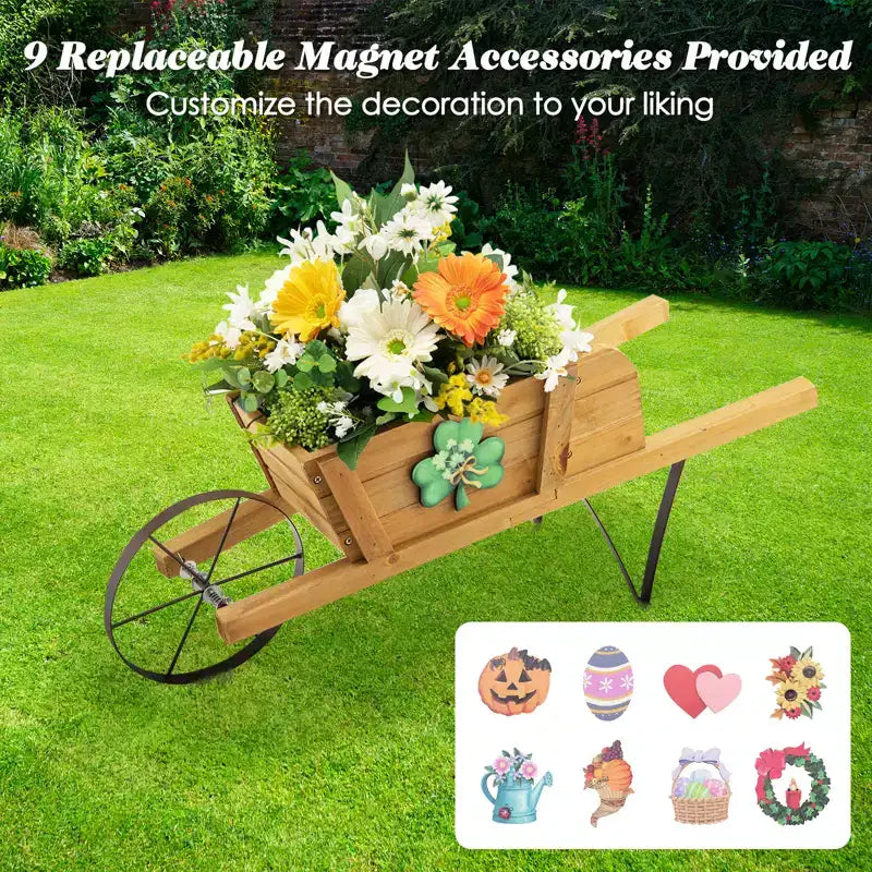 Jardinière chariot en bois Costway, chariot à fleurs rustique décoratif intérieur/extérieur avec roue bleu/beige/rouge