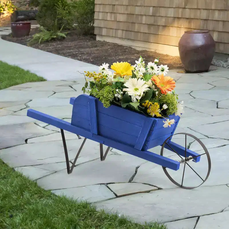 Jardinière chariot en bois Costway, chariot à fleurs rustique décoratif intérieur/extérieur avec roue bleu/beige/rouge