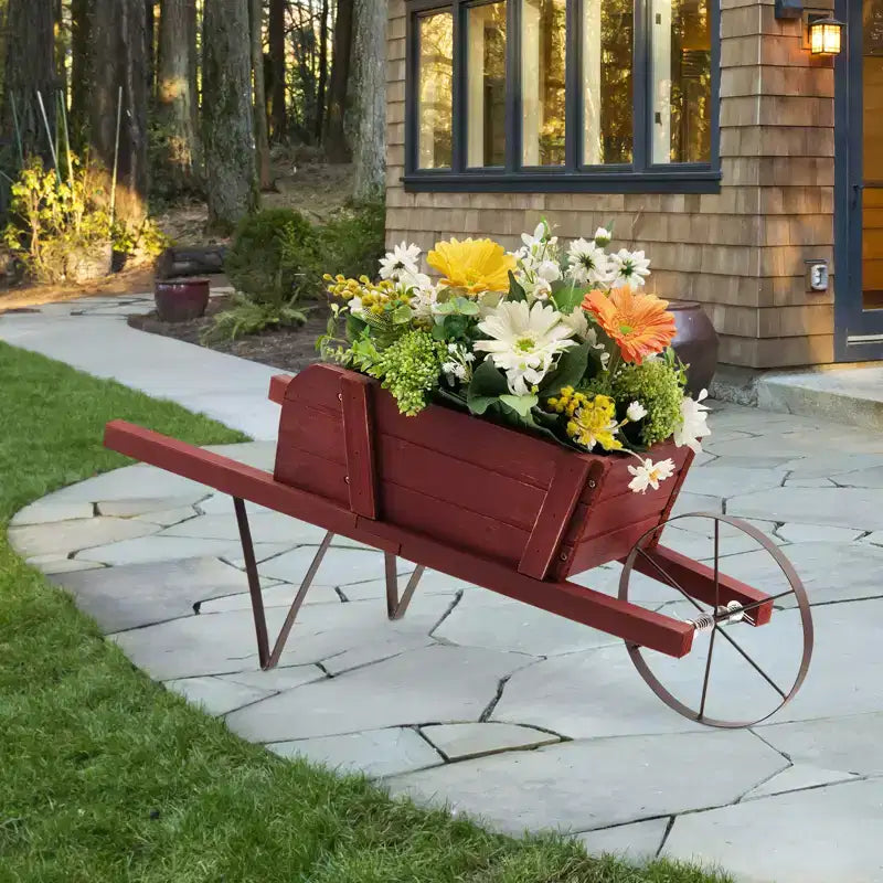 Jardinière chariot en bois Costway, chariot à fleurs rustique décoratif intérieur/extérieur avec roue bleu/beige/rouge