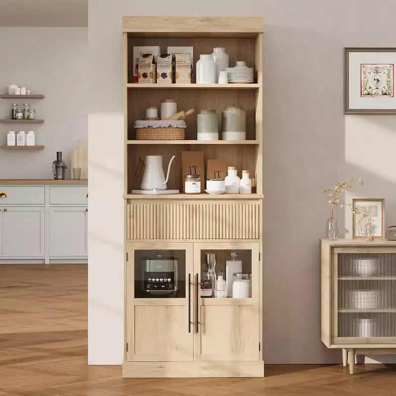 Garde-manger de cuisine haut 70 avec portes vitrées et tiroir - rangement polyvalent pour salon, bureau, salle à manger et entrée