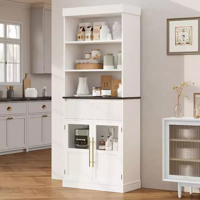 Garde-manger de cuisine haut 70 avec portes vitrées et tiroir - rangement polyvalent pour salon, bureau, salle à manger et entrée