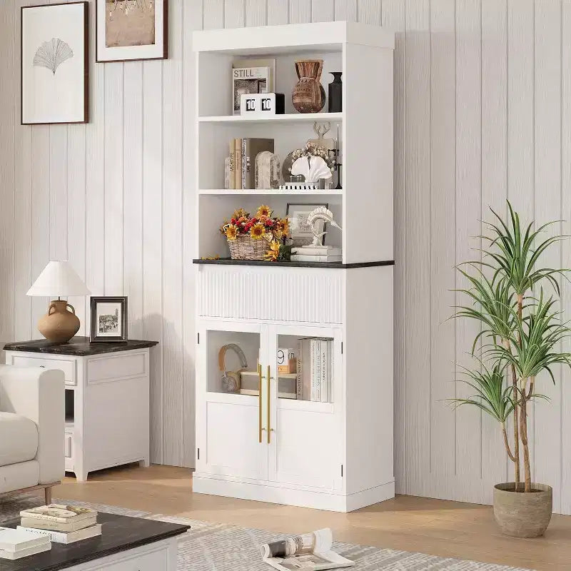 Garde-manger de cuisine haut 70 avec portes vitrées et tiroir - rangement polyvalent pour salon, bureau, salle à manger et entrée