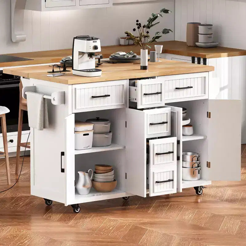 Îlot de cuisine rustique 56.5 avec prise de courant - chariot roulant avec abattant, 4 portes et 5 tiroirs, étagères réglables et roulettes