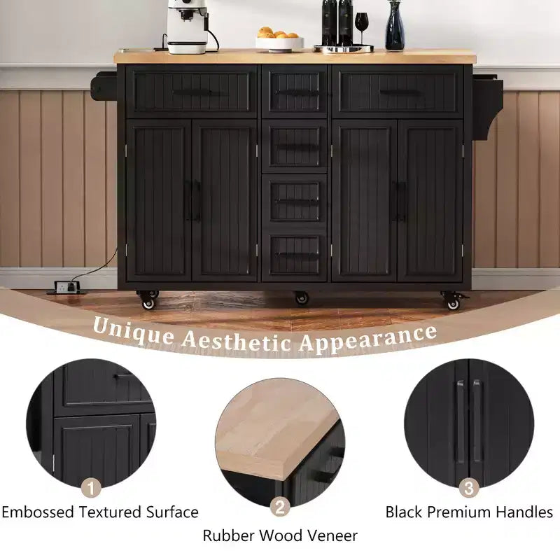 Îlot de cuisine rustique 56.5 avec prise de courant - chariot roulant avec abattant, 4 portes et 5 tiroirs, étagères réglables et roulettes