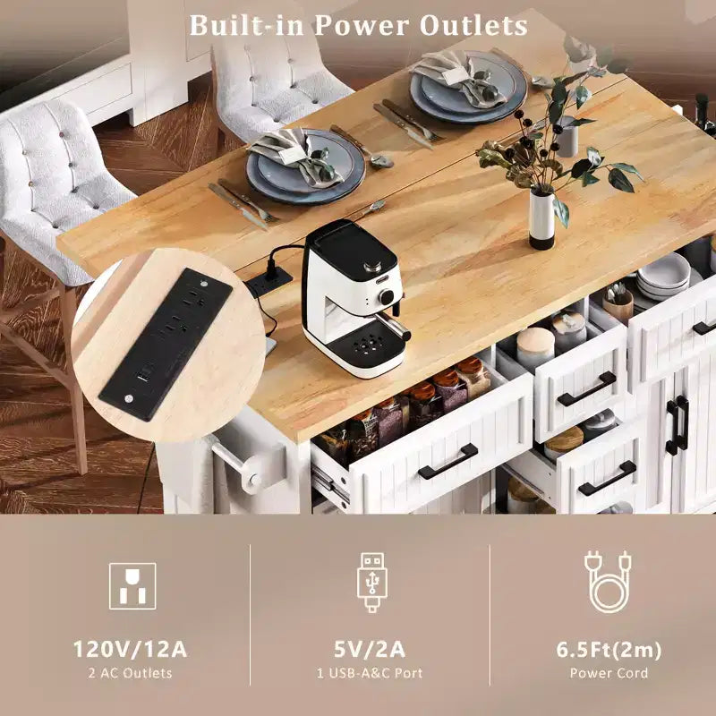 Îlot de cuisine rustique 56.5 avec prise de courant - chariot roulant avec abattant, 4 portes et 5 tiroirs, étagères réglables et roulettes