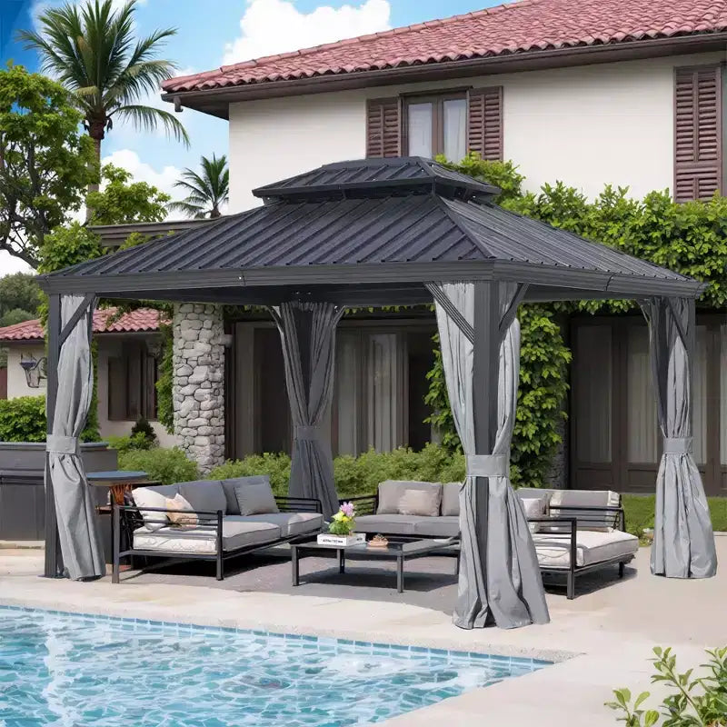 GDFStudio Noah Gazebo en aluminium 12' x 16' avec double toit en acier galvanise, rideaux et filet
