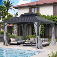 GDFStudio Noah Gazebo en aluminium 12' x 16' avec double toit en acier galvanise, rideaux et filet