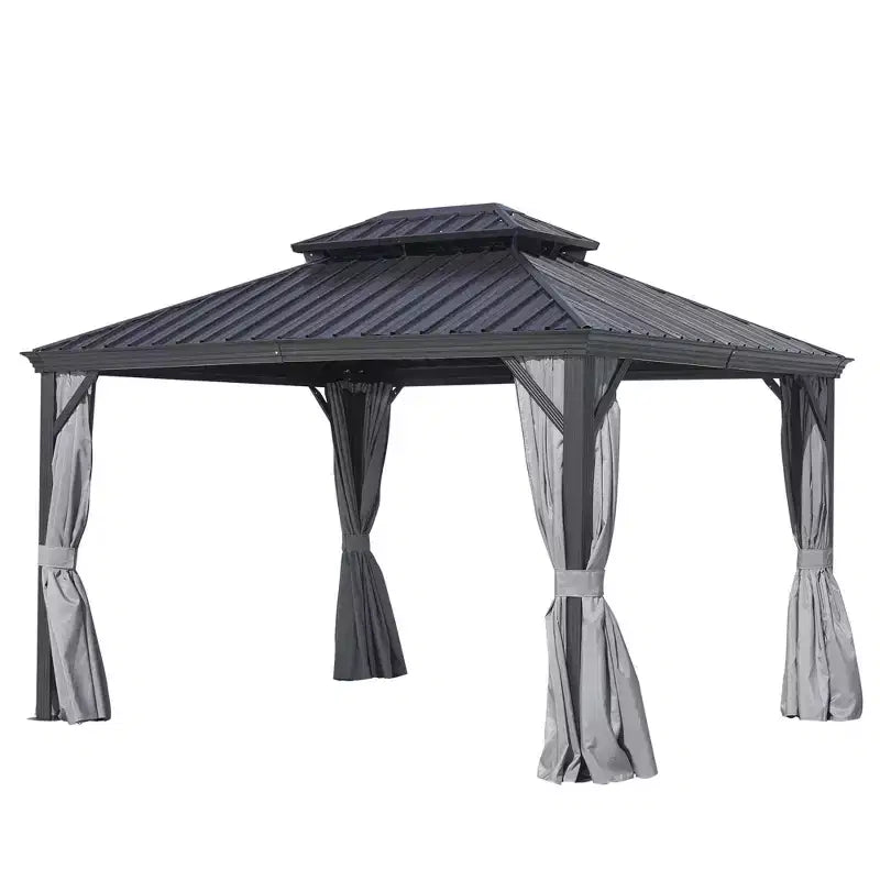 GDFStudio Noah Gazebo en aluminium 12' x 16' avec double toit en acier galvanise, rideaux et filet