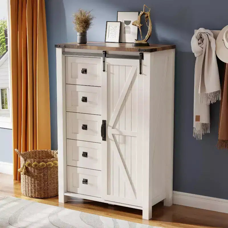 SinCiDo commode haute moderne style farmhouse à 5 tiroirs avec porte de grange coulissante, commode organisateur de rangement pour chambre, salon et chambre d'enfant