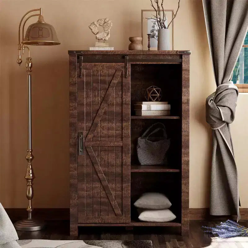 SinCiDo commode haute moderne style farmhouse à 5 tiroirs avec porte de grange coulissante, commode organisateur de rangement pour chambre, salon et chambre d'enfant