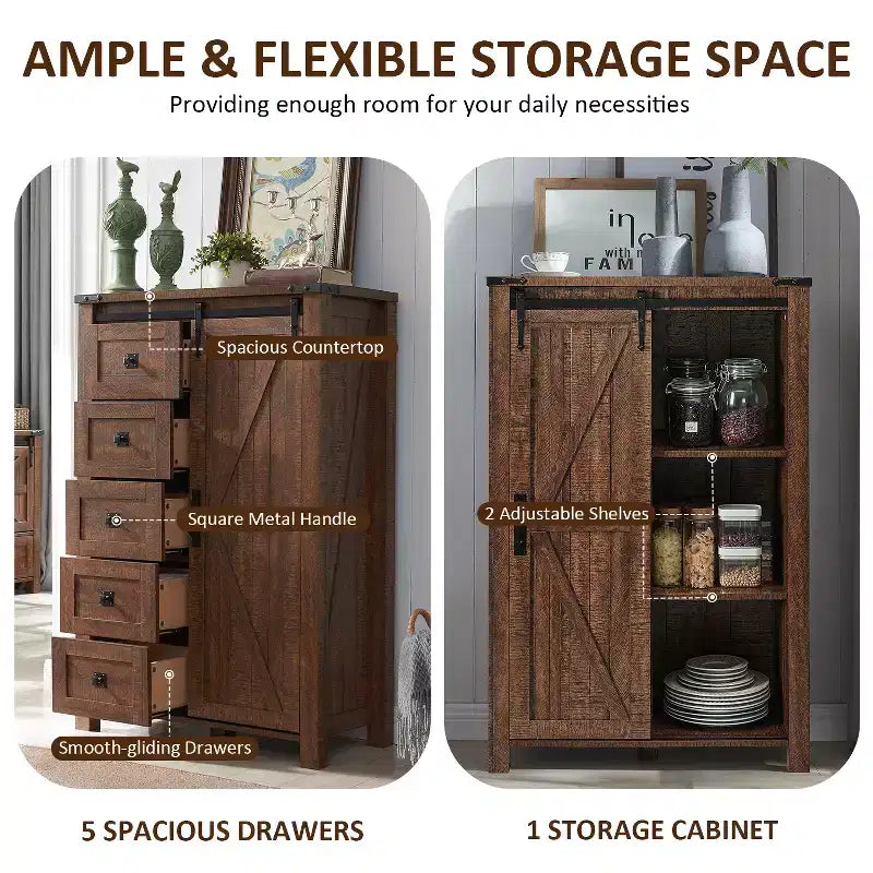 SinCiDo commode haute moderne style farmhouse à 5 tiroirs avec porte de grange coulissante, commode organisateur de rangement pour chambre, salon et chambre d'enfant