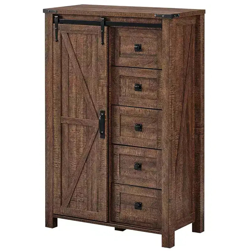 SinCiDo commode haute moderne style farmhouse à 5 tiroirs avec porte de grange coulissante, commode organisateur de rangement pour chambre, salon et chambre d'enfant