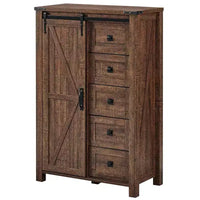SinCiDo commode haute moderne style farmhouse à 5 tiroirs avec porte de grange coulissante, commode organisateur de rangement pour chambre, salon et chambre d'enfant
