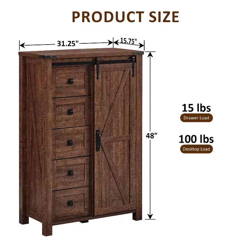 SinCiDo commode haute moderne style farmhouse à 5 tiroirs avec porte de grange coulissante, commode organisateur de rangement pour chambre, salon et chambre d'enfant