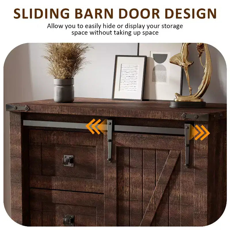 SinCiDo commode haute moderne style farmhouse à 5 tiroirs avec porte de grange coulissante, commode organisateur de rangement pour chambre, salon et chambre d'enfant