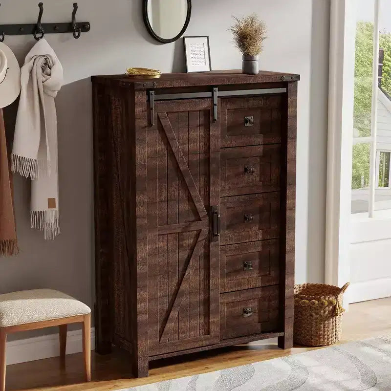 SinCiDo commode haute moderne style farmhouse à 5 tiroirs avec porte de grange coulissante, commode organisateur de rangement pour chambre, salon et chambre d'enfant