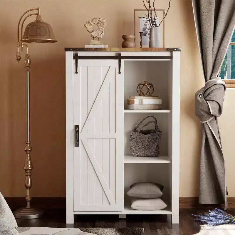 SinCiDo commode haute moderne style farmhouse à 5 tiroirs avec porte de grange coulissante, commode organisateur de rangement pour chambre, salon et chambre d'enfant