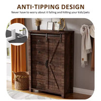 SinCiDo commode haute moderne style farmhouse à 5 tiroirs avec porte de grange coulissante, commode organisateur de rangement pour chambre, salon et chambre d'enfant