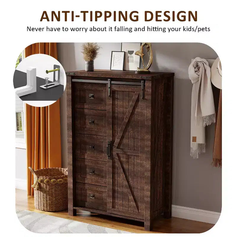 SinCiDo commode haute moderne style farmhouse à 5 tiroirs avec porte de grange coulissante, commode organisateur de rangement pour chambre, salon et chambre d'enfant