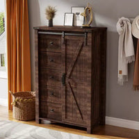 SinCiDo commode haute moderne style farmhouse à 5 tiroirs avec porte de grange coulissante, commode organisateur de rangement pour chambre, salon et chambre d'enfant