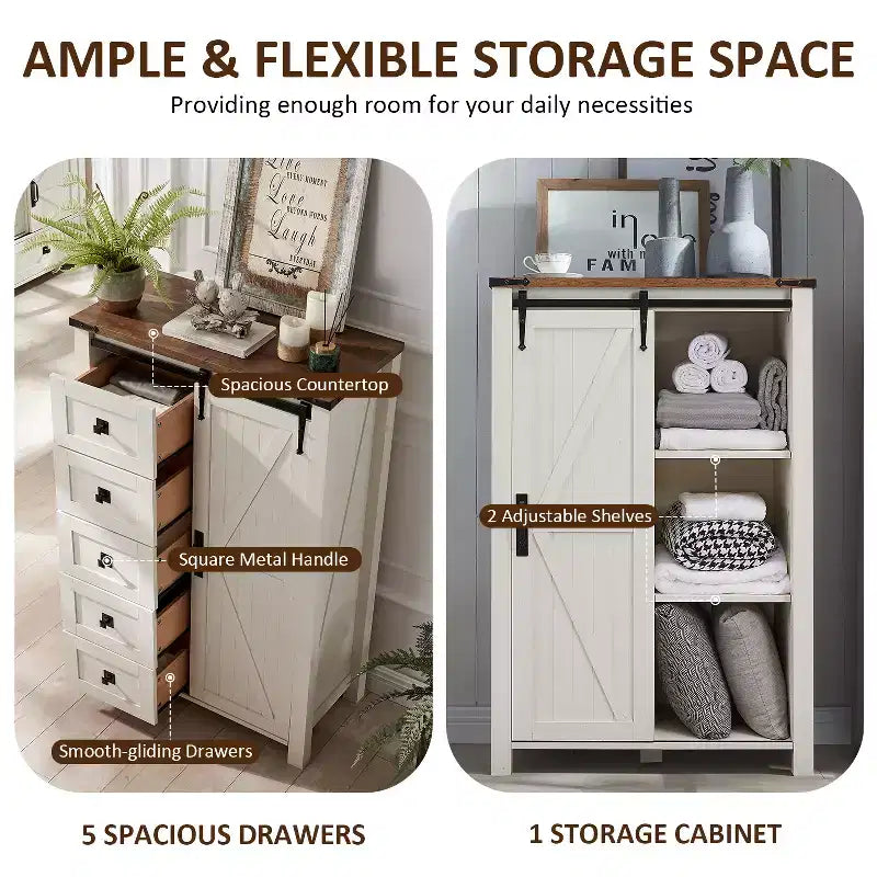 SinCiDo commode haute moderne style farmhouse à 5 tiroirs avec porte de grange coulissante, commode organisateur de rangement pour chambre, salon et chambre d'enfant