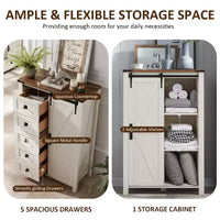 SinCiDo commode haute moderne style farmhouse à 5 tiroirs avec porte de grange coulissante, commode organisateur de rangement pour chambre, salon et chambre d'enfant