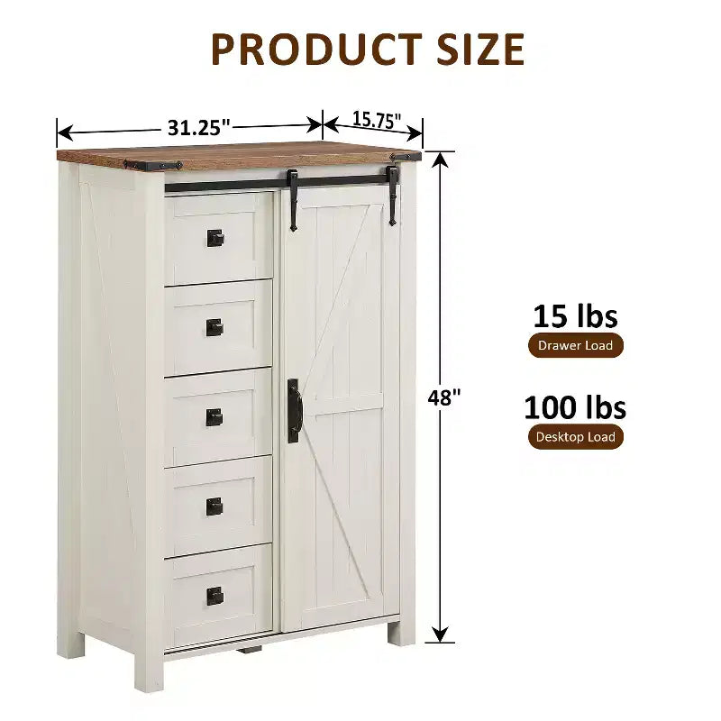 SinCiDo commode haute moderne style farmhouse à 5 tiroirs avec porte de grange coulissante, commode organisateur de rangement pour chambre, salon et chambre d'enfant