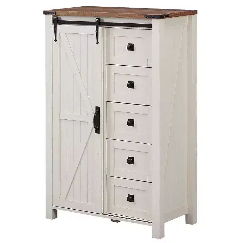 SinCiDo commode haute moderne style farmhouse à 5 tiroirs avec porte de grange coulissante, commode organisateur de rangement pour chambre, salon et chambre d'enfant