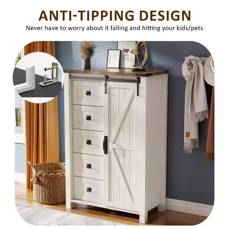 SinCiDo commode haute moderne style farmhouse à 5 tiroirs avec porte de grange coulissante, commode organisateur de rangement pour chambre, salon et chambre d'enfant