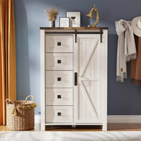 SinCiDo Farmhouse Modern 5 Drawer Tall Dresser w/Sliding Barn Door, Storage Organizer Dresser for Bedroom, Living Room & Kids Room