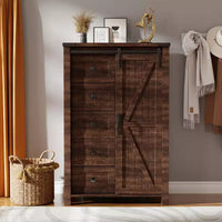 SinCiDo commode haute moderne style farmhouse à 5 tiroirs avec porte de grange coulissante, commode organisateur de rangement pour chambre, salon et chambre d'enfant