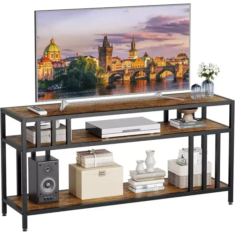 Meuble TV 65 pour téléviseurs jusqu'à 75, centre de divertissement gris avec étagères de rangement ouvertes et support à quadruple tube