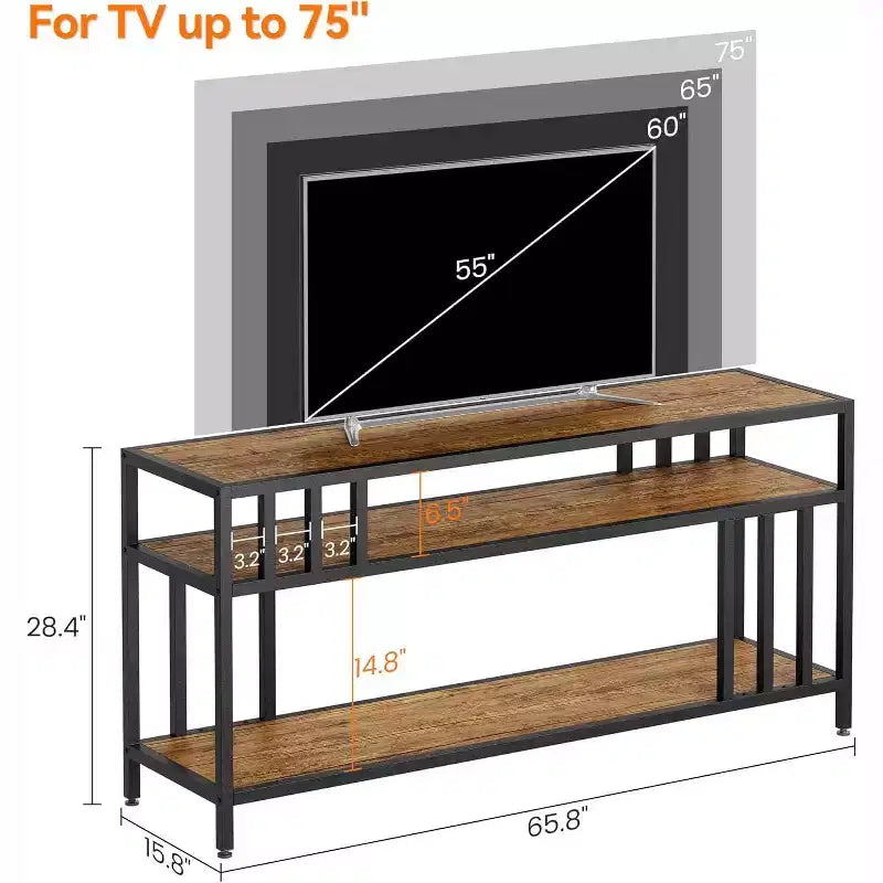 Meuble TV 65 pour téléviseurs jusqu'à 75, centre de divertissement gris avec étagères de rangement ouvertes et support à quadruple tube