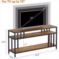 Meuble TV 65 pour téléviseurs jusqu'à 75, centre de divertissement gris avec étagères de rangement ouvertes et support à quadruple tube