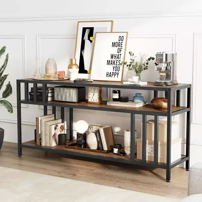 Meuble TV 65 pour téléviseurs jusqu'à 75, centre de divertissement gris avec étagères de rangement ouvertes et support à quadruple tube