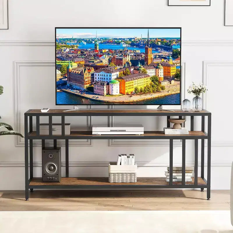 Meuble TV 65 pour téléviseurs jusqu'à 75, centre de divertissement gris avec étagères de rangement ouvertes et support à quadruple tube