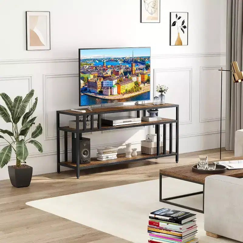 Meuble TV 65 pour téléviseurs jusqu'à 75, centre de divertissement gris avec étagères de rangement ouvertes et support à quadruple tube