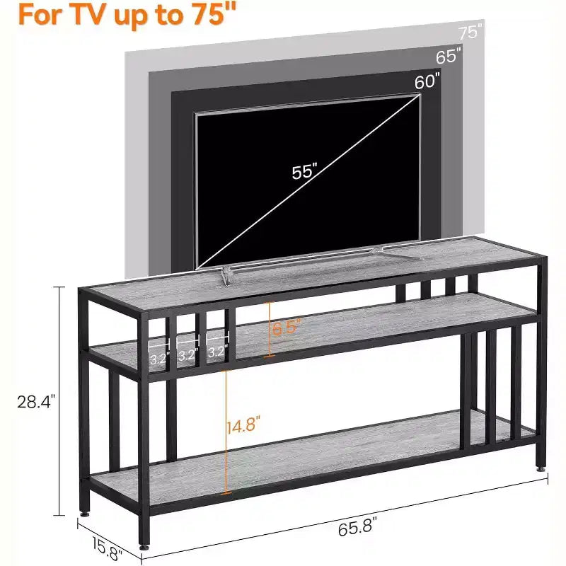 Meuble TV 65 pour téléviseurs jusqu'à 75, centre de divertissement gris avec étagères de rangement ouvertes et support à quadruple tube