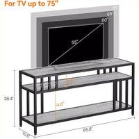 Meuble TV 65 pour téléviseurs jusqu'à 75, centre de divertissement gris avec étagères de rangement ouvertes et support à quadruple tube