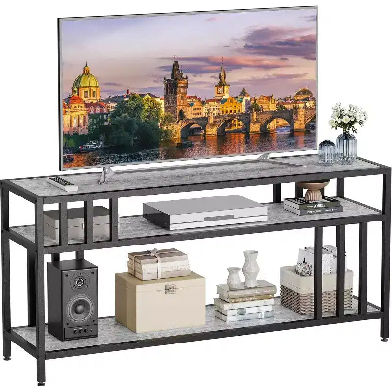 Meuble TV 65 pour téléviseurs jusqu'à 75, centre de divertissement gris avec étagères de rangement ouvertes et support à quadruple tube