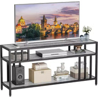 Meuble TV 65 pour téléviseurs jusqu'à 75, centre de divertissement gris avec étagères de rangement ouvertes et support à quadruple tube