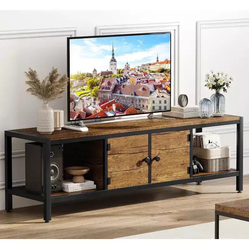 Meuble TV marron rustique de 65 pouces, meuble de style rustique avec rangement pour téléviseurs jusqu'à 75 pouces, idéal pour le salon