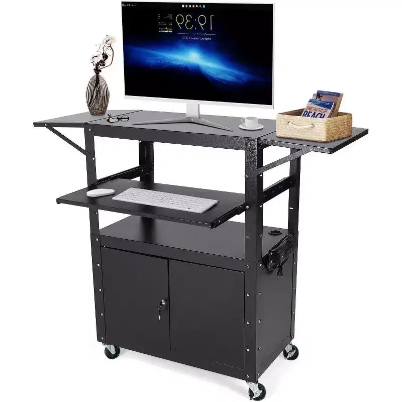 Chariot AV roulant, poste de travail mobile réglable en hauteur, armoire verrouillable, support d'ordinateur portable et tablette pliante, maison ou bureau, noir