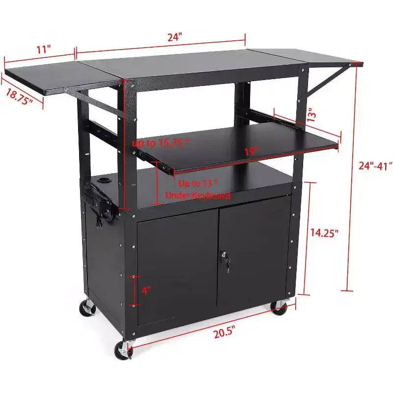 Chariot AV roulant, poste de travail mobile réglable en hauteur, armoire verrouillable, support d'ordinateur portable et tablette pliante, maison ou bureau, noir